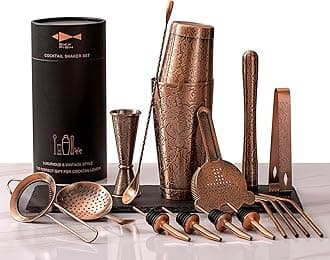 SKY FISH Boston Cocktail Shaker Set, 3D Embossed Design Bartender Set, 18-Piece Cocktial Making Kit, Stainless Steel Barware Tool Set, Antique Copper
