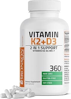 Vitamin K2 (MK7) with D3 Supplement Non-GMO Formula 5000 IU Vitamin D3 & 90 mcg K2 MK-7 Easy to Swallow D & K Complex, 360 Capsules