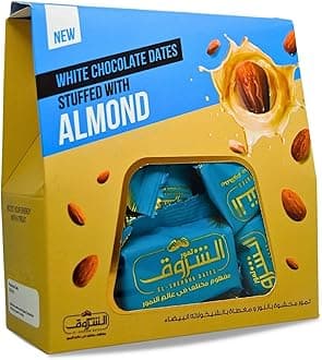 El Sherouk Saudi Dates Without Pits Stuffed With Almonds Covered With White Chocolate Delicious Finest Natural Tamr Free From Genetically Modified Fresh Kosher Halal (1 Pack = 8.82 oz / 250 g)