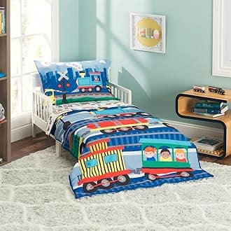EVERYDAY KIDS 4 Piece Toddler Bedding Set -Choo Choo Train- Includes Comforter, Flat Sheet, Fitted Sheet and Reversible Pillowcase