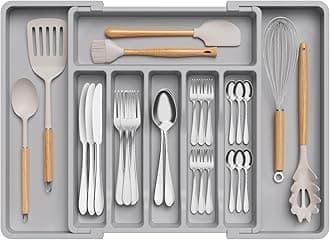 Lifewit Silverware Organizer, Expandable Utensil Tray for Drawer, Adjustable Flatware and Cutlery Holder, Compact Plastic Drawerstore Holding Spoons Forks Knives, Large, Grey