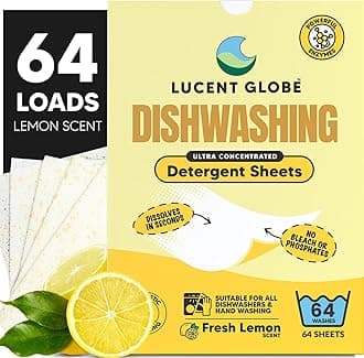 Lucent Globe Dishwasher Dishwashing Detergent Sheets, Dish Soap & Dishwasher Tablets Alternative. Plant-Based, Eco-Friendly, Fully Biodegradable, Lemon Scent (1 Pack of 64 Washes)