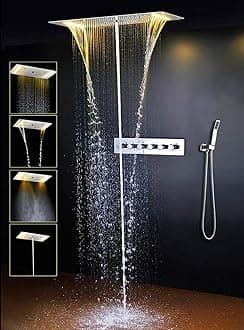 Cascada Vaticano LED Modern Shower System | Multi-Functions Shower head with Handheld Shower | Ceiling Mount | 15"x28" | 6-Knob Thermostatic Valve (Polished Stainless Steel)