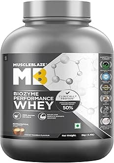 - MuscleBlaze Biozyme Performance Whey Protein Powder, Kesar Thandai (2kg / 4.4lbs) | 25g Protein Per Scoop | Clinically Tested 50% Higher Protein Absorption