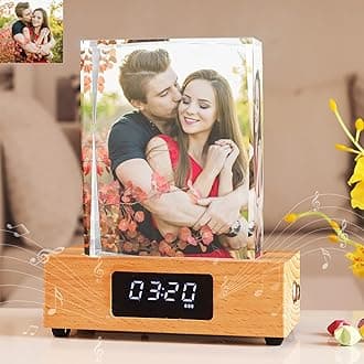 Crystal Print with Your Photo, Office Desk Decor Personalized Picture Gift Glass Clear Frame with Bluetooth Clock Colors LED Light Change Mood Light