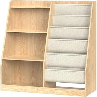 CHOEZON 4-Tier Wooden Kids Bookshelf, Toddler Bookshelf with 6 Layer Fabric Sling Book Shelf, Kids Book Shelves and Toy Storage, for Kids Room, Playroom, Nursery, Classroom, Natural and White MCW05NL
