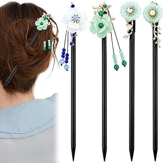 4 Pcs Japanese Chinese Hair Sticks Pearl Retro Wooden Hairpin Flower Hair Chopsticks Vintage Hanfu Pins Headdress Classic Hair Fork for Long Hair Women