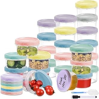 24pcs 8 oz Plastic Containers with Screw Lids, Reusable Clear Food Storage Containers with Pen and Brush for Snack Salad Fruit, Leakproof Small Freezer Containers, Microwave & Dishwasher Safe