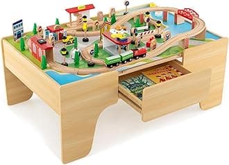 Costzon Train Table, 3-in-1 Wooden Train Set Table with Reversible 84 PCS Track Train Toys, Table Map & Storage Drawer for Building, Playing, Studying, Eating, Kids Activity Table for Toddlers Aged 3+