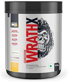 MuscleBlaze Pre Workout WrathX Powder, Mango Mayhem (20 Servings, 340g) | With Creapure, NitroBlaze & BioPerine
