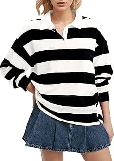 Meladyan Rugby Shirt Women Polo Striped Sweatshirt Oversized Long Sleeve Lapel V Neck Pullover Top Y2K Streetwear Blouses