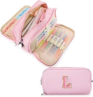 Extra Large Capacity Pencil Case 3 Compartment Initial Pencil Pouch Personalized Cute Aesthetic Stationery Pen Case Bag for School Teen Girl Boy Men Women Gift (L, Pink)