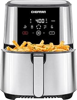Chefman TurboFry Touch Air Fryer, Large 5-Quart Family Size, One Touch Digital Control Presets, French Fries, Chicken, Meat, Fish, Nonstick Dishwasher-Safe Parts, Automatic Shutoff, Stainless Steel