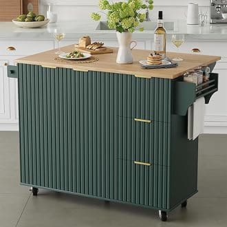 win2win Rolling Kitchen Island with Storage, Portable Kitchen Island with Drop Leaf Breakfast Bar, Modern Farmhouse Kitchen Cart on Wheels with Fluted Design, Towel Rack, Spice Rack, Olive Green