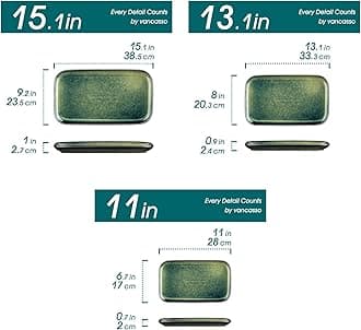 vancasso Serving Platters Set of 3, Stoneware Rectangular Plate, 15/13/11 Inch Rectangular Plates for Dinner, Party, Salad, Dessert, Green