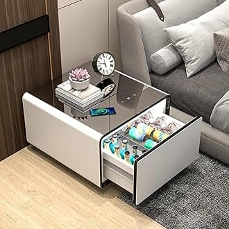 Smart Side Table with Fridge, Smart Nightstand with Refrigerator, Induction Light, Temperature Control, Wireless Charging, Power Socket, USB Ports, Outlet Protection (White, LT65 Pro)