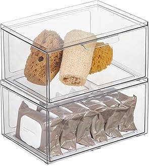 mDesignPlastic Wide Stackable Bathroom Storage Organizer Bin Containers with Pull Drawer for Countertop, Vanity, Closet Shelves - Holder for Beauty Accessories - Lumiere Collection, 2 Pack, Clear