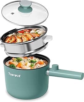 TopWitHot Pot Electric with Steamer, 1.5L Ramen Cooker, Non-Stick Frying Pan, Electric Pot for Pasta, BPA Free, Electric Cooker with Dual Power Control, Over-Heating & Boil Dry Protection, Green