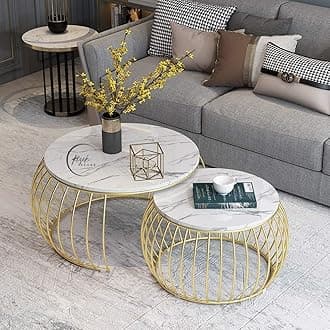 RIZIK STORE™ Iron Frame Handmade Drum Coffee/Nesting Table/Side Table/Center Table with wodden MDF Top for Living Room/Drawing Room Gold 20"x20" & 18" x 18"(Set of 2)