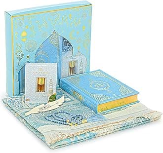 ihvan onlinePrayer Gift Set for Hajj and Umrah, Muslim Prayer Rug, Prayer Mat, Beads Taasbih, Holy Quran Translated French, Janamaz Salah Mat, Islamic Gift Set for Ramadan & Eid, Blue