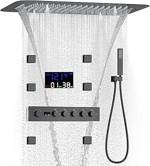 AYIVG Matte Black Rainfall Mist Shower Faucet Set Complete Full Body Shower System with 16 * 24 Inch Rain Waterfall Shower Thermostatic Shower System With 6 Pcs Body Jets Display Shower System