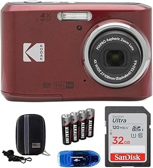 Pixpro FZ45 Digital Camera Bundle, Includes: SanDisk 32GB Memory Card, Spare Batteries, Hard Shell Camera Case and Card Reader (5 Items) (Red)