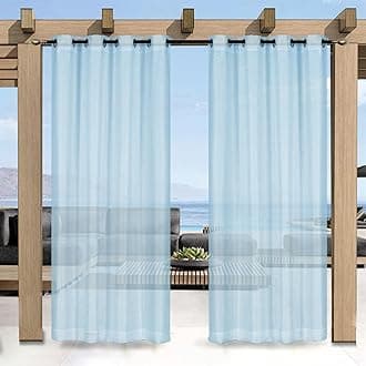 Outdoor Curtain for Patio, Blue Linen Look Semi-Sheer Curtains Waterproof Light Filtering Voile Outside Grommet Drapes for Pergola Balcony Pool Indoor 2 Panels, W52 x L84