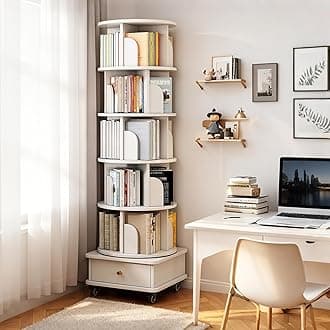 Hanzim 6 Tier Rotating Bookshelf, 360° Display Round Spinning Bookshelf with Wheels and Drawer, Space-Saving, Small Space Rotating Tower for Bedroom, Living Room, Home, Office, Warm White