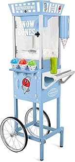 Nostalgia Snow Cone Shaved Ice Machine - Retro Cart Slushie Machine Makes 72 Icy Treats - Includes Metal Scoop, 2 Syrup Bottles, 100 Paper Cups/Spoons, Storage Compartment, Wheels - Blue, 54" Tall