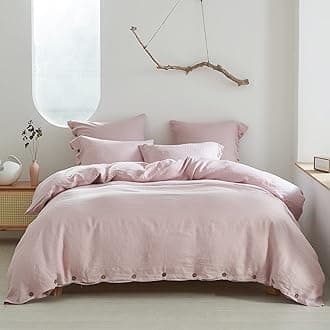 Simple&Opulence 100% Linen Duvet Cover Set 2pcs with Coconut Button Closure Natural French Washed Flax Solid Color Soft Breathable Farmhouse Bedding - Blush Pink, Twin Size