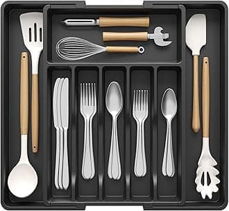 Lifewit Silverware Drawer Organizer, Expandable Utensil Tray for Kitchen, BPA Free Flatware and Cutlery Holder, Adjustable Plastic Storage for Spoons Forks Knives, 33 -57 x 42cm, Black