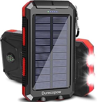 Solar Charger Power Bank, 8000mAh Portable Outdoor Waterproof Solar Battery Charger, Camping External Backup Battery Pack USB C Ports Input/Output, 2 Led Light Flashlight with Compass (Red)