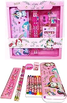 PRIME DEALS Kids Unicorn Stationary Kit for Girls Pencil Pen Book Eraser Sharpener - Stationary Kit Set for Girls/Birthday Gift (Unicorn 12 Pcs), Pink