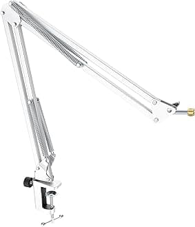 FIFINE Microphone Boom Arm, Suspension Mic Arm Stand with Mount Clamp, Metal Scissor Mic Stand with 3/8" to 5/8" Adapter for Home Studio Recording Podcast Gaming-CS1 White