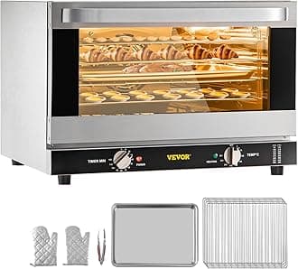 VEVOR Commercial Convection Oven, 47L/43Qt, Half-Size Conventional Oven Countertop, 1600W 4-Tier Toaster w/Front Glass Door, Electric Baking Oven w/Trays Wire Racks Clip Gloves, 120V