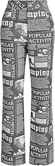 WDIRARA Women's High Waist Newspaper Print Wide Leg Zipper Casual Baggy Funky Pants Grey M