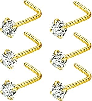 316L Surgical Steel 22g/20g/18g Nose Rings Studs L-Shape Nose Nostrial Piercing Body Jewerly L Shaped Nose Studs 1.5mm 2mm 2.5mm 3mm CZ Nose Screw Studs Rings for Women