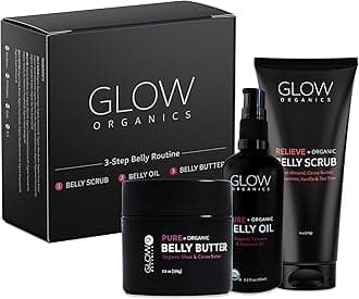 Glow Organics Stretch Mark Cream Belly Butter, Scrub and Oil, 3-Step Pregnancy Skin Care Kit, Belly Butter for Stretch Marks, Organic, Pregnancy & Baby Registry Must Haves, Mother To Be Gift.