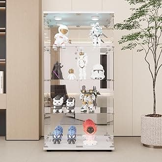 Beauty4U Glass Display Cabinet with LED Light and Mirror, 4 Shelves with 2 Doors, Curio Cabinets for Living Room, Bedroom, Office, White Floor Standing Glass Bookshelf, Quick Installation