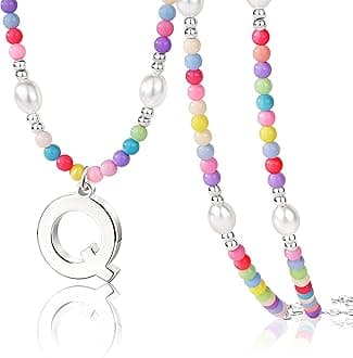 Poxtex Initial Necklace for Women and Teen Girls – Preppy Colorful Rainbow Beaded Pearl Choker with Letter Pendant Bulk, Cute Summer Beach Personalized Jewelry Gift for Kids, Teens, Women, Birthday