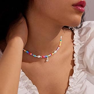 Valentines Day Gifts for Kids Women Teen Girls, Initial Necklace Bulk, Preppy Colorful Rainbow Beaded Pearl Choker with Letter Pendant, Cute Summer Beach Personalized Jewelry Gift for Party, Birthday, Everyday