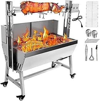 stainless steel rotisserie grill with back cover guard, 25w motor small pig lamb rotisserie roaster, 37'' 2 in 1 bbq charcoal rotisserie grill for camping outdoor kitchen,with baffle