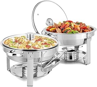 ROVSUN 5 Qt 2 Pack Chafing Dishes for Buffet, NSF Stainless Steel Round Chafers for Catering, Buffet Servers and Warmers Set with Glass Lid & Lid Holder, Stackable Design for Wedding Party Event