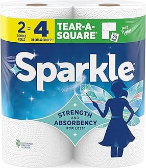 Sparkle Tear-A-Square Paper Towels, 2 Double Rolls (220 Sheets Total) - Strong 2-Ply Towels for Kitchen Cleanup and Everyday Messes