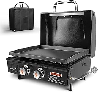 QuliMetal 22” Tabletop Griddle with Hood and Stainless Steel Front Plate, Flat Top Grill Griddle Propane Grill with Carry Bag, 24000 BTU, 348 Sq, 2 Burners, Powder Coated Steel