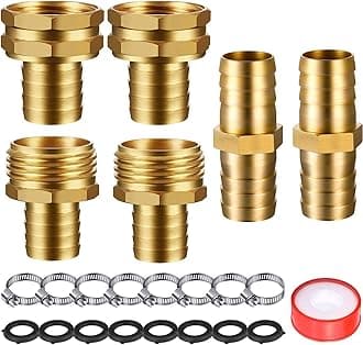 4 Set 3/4 Inch Solid Brass Garden Hose Connector Hose Mender, Water Hose Repair Kit Female and Male Hose Connector with Tape, Stainless Steel Clamp and Rubber Gasket