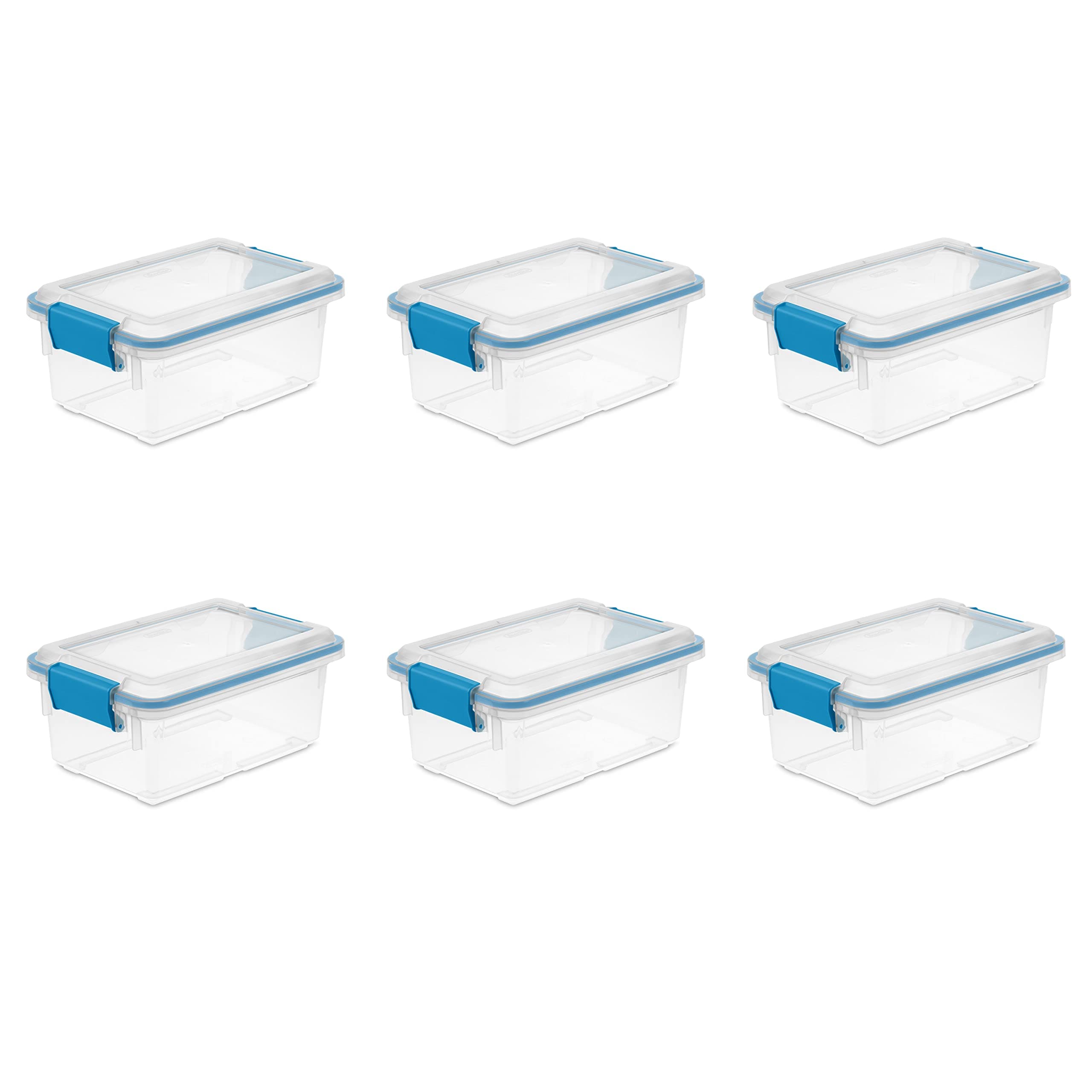 Sterilite 7.5 Qt Gasket Box, Stackable Storage Bin with Latching Lid and Tight Seal, Plastic Container to Organize Basement, Clear Base, Lid, 6-Pack