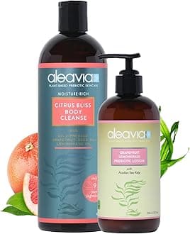 AleaviaCitrus Bliss Body Cleanse and Grapefruit Lemongrass Prebiotic Body Lotion Bundle – Organic & All-Natural Prebiotic, Vegan Body Wash (16 Oz) – All-Natural Moisturizing Body Lotion (12 Oz)