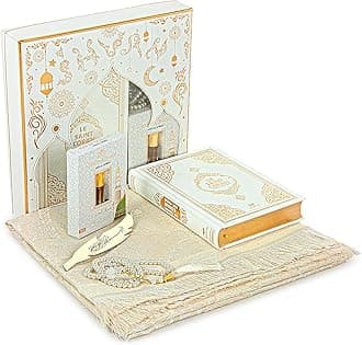 ihvan online Prayer Gift Set for Hajj and Umrah, Muslim Prayer Rug, Prayer Mat, Beads Taasbih, Holy Quran Translated French, Praying Mat, Islamic Gift Set for Ramadan & Eid, White