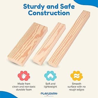 Playlearn 24pc Foam Wooden Beams for Kids- Children’s Reflective Vest and Storage Bag Included - Actual Beam Size Lightweight, Soft Building Blocks - Fake Wooden Beams